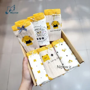 شورت زنانه عروسکی نخی سایز 2XL رنگ کرمی طلایی با طرح خرس و خرگوش کیوت